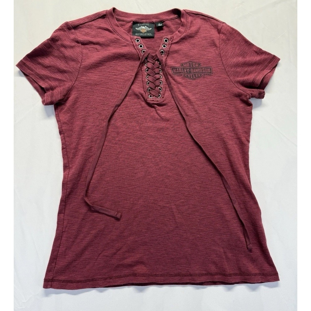 Harley Davidson Eagle Womens Lace Up Tee M‎ Burgundy Back Graphic Moto Shirt